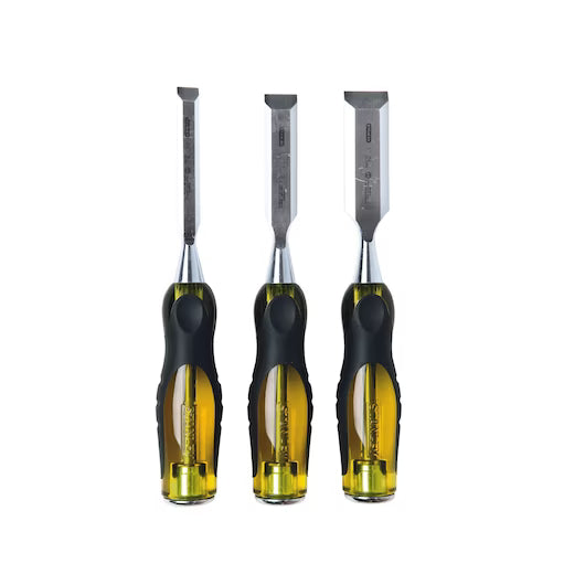 The STANLEY® FATMAX® Thru Tang Wood Chisel 3pc Set (12,18,25mm) features high-carbon steel silver blades and yellow-black ergonomic handles, standing upright side by side with each blade varying in width for durability and precision.